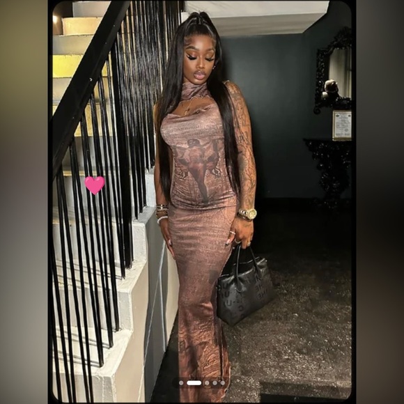 KOLLYY Y2K Long Bodycon Dress With Cut Out Chest Detail Women Size Large Brown - Picture 5 of 6